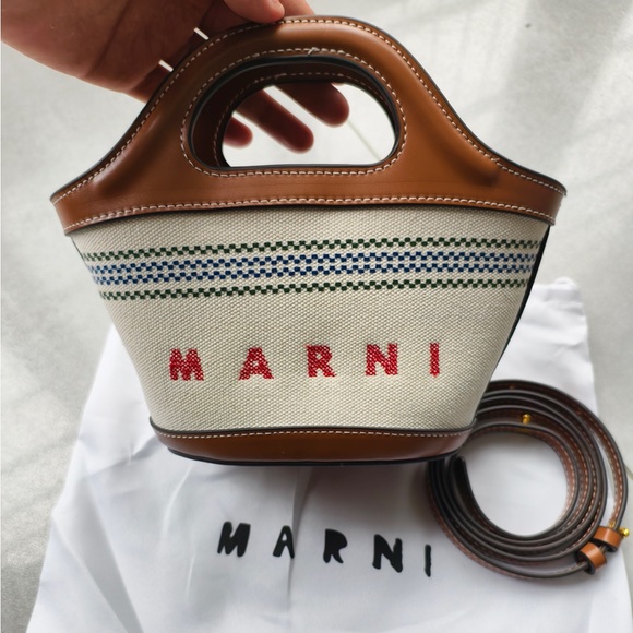 Marni Handbags - Marni Mini Canvas Tote with Tan Leather Trim and Red Logo